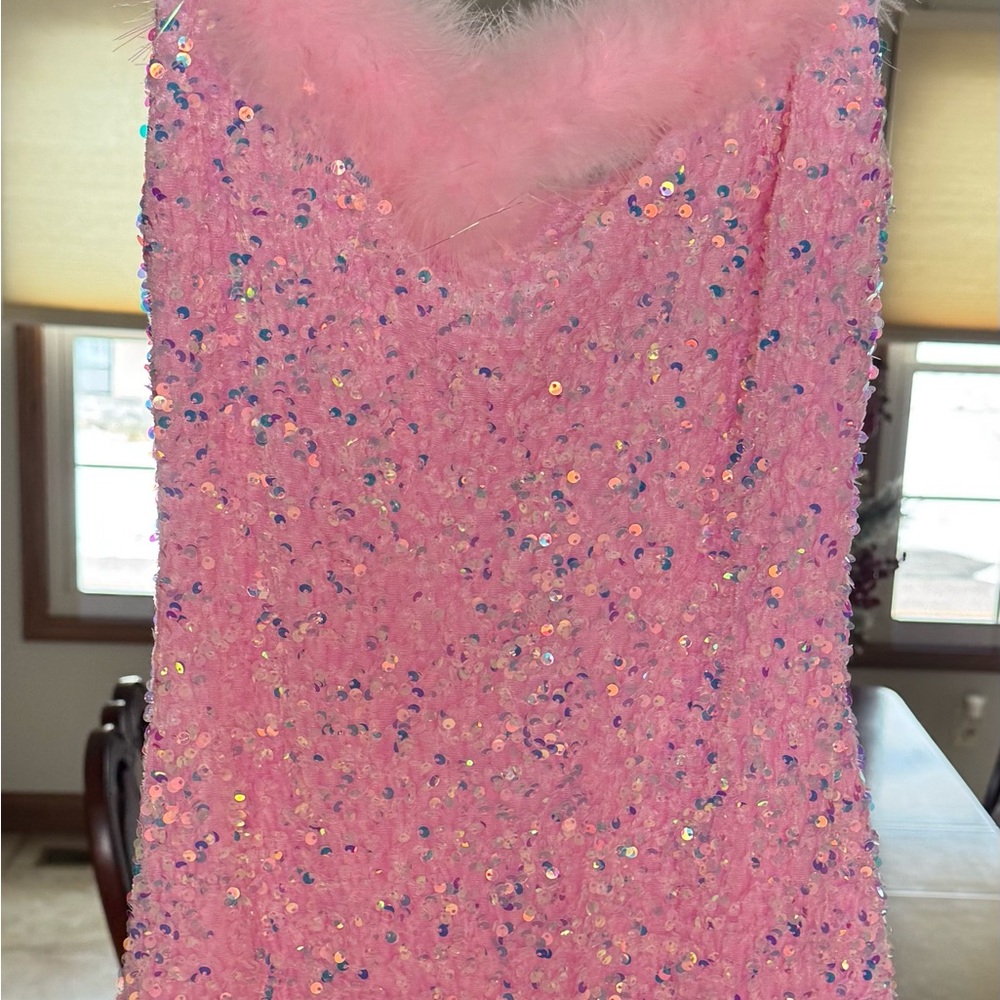 Pink Sequin Feather Trim Dress